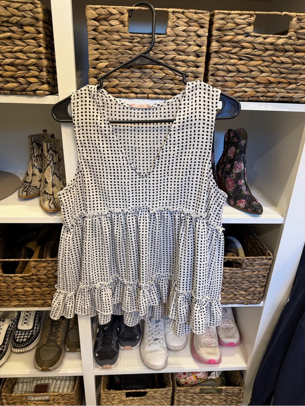 Ces Femme Black & White Polka Dot Ruffle Tiered Tank